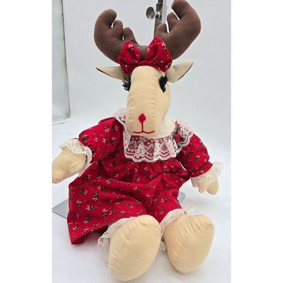 Handmade Reindeer Doll In Red Dress With Lace & Bow - Picture 2 of 9